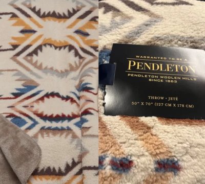 Pendleton White Sands Southwest Aztec Cream Red Blue Sherpa Throw Fleece Blanket