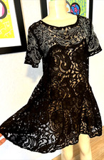 Free People Lace Transparent Dress Sz M Black Fit & Flare bb2
