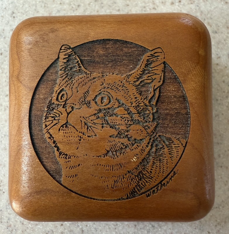 Laz-Art Square Wooden Trinket Box Laser Cat Face hinged Felt Lined 2 1/2” USA