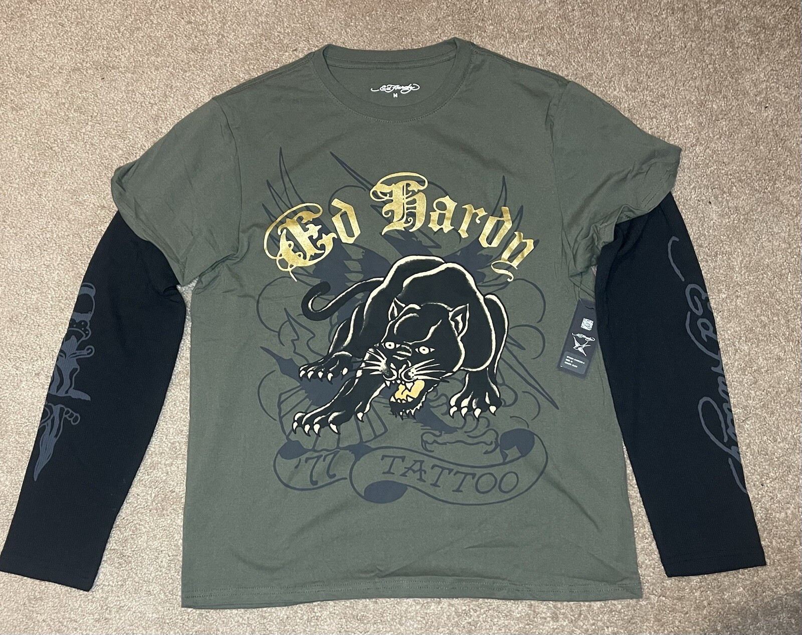 Ed Hardy Panther Olive Green Long Sleeve Shirt EHMD1203-6 Sz.M