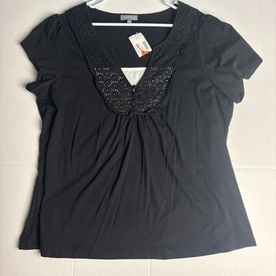Essential Women's 1X Shirt Black White Layered Crochet Detail New Tags Cotton