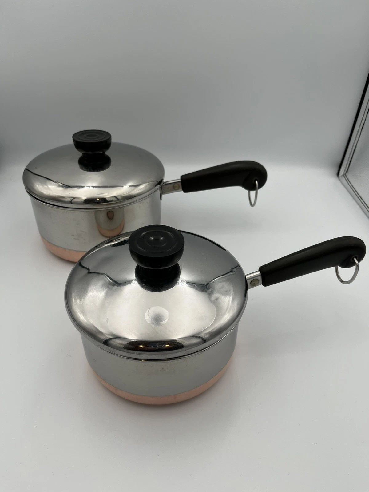 Revere Ware 1801 1QT and 1.5QT Copper Bottom Saucepans w/ Lids Indonesia READ