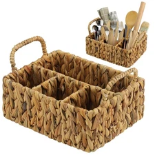Wicker Flatware Storage Basket Hand Woven Divided Cutlery Utensil Caddy