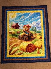 New Handmade Farmer Teddy Bear Tractor Barn Cows Baby Quilt 49 x 41 inches