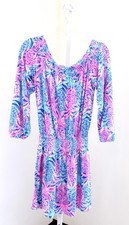Lilly Pulitzer Cyla Tropic Down Blue Pink Off the Shoulder Skirted Romper Size M