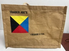 Vintage Trader Joe's Reusable Jute Burlap Tote Bag Z Flag "I Require A Tug"