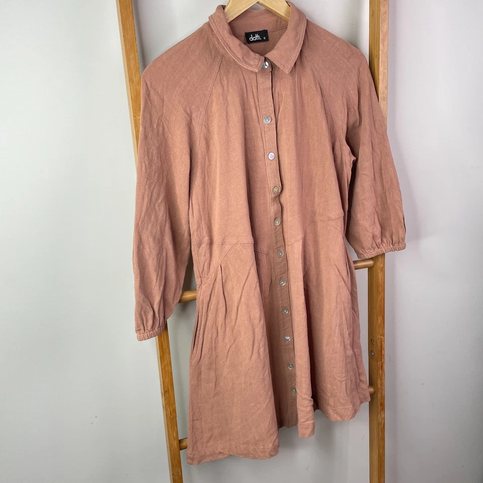 Dotti Mini Shirt Dress Womens 10 Brown Linen Blend Button Up 3/4 Sleeves Casual - image 2 of 4