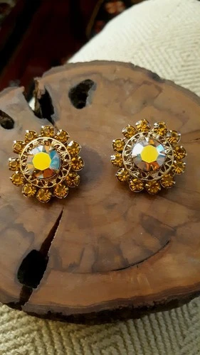 Vintage Glam Iridescent Amber Rhinestone Clip- On Earrings