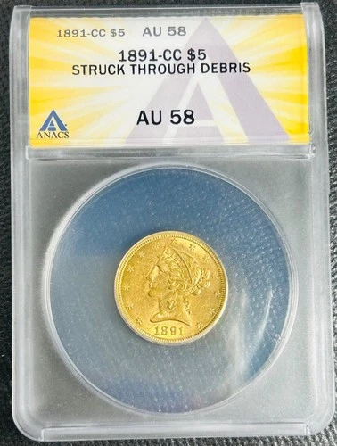 1891 CC Struck Through Liberty Head Half Eagle Gold Coin $5 Five Dollars AU-58