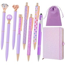 10 Pcs Pen Set, Metal Crystal Diamond Black Ink Pens and A5 Glitter Purple
