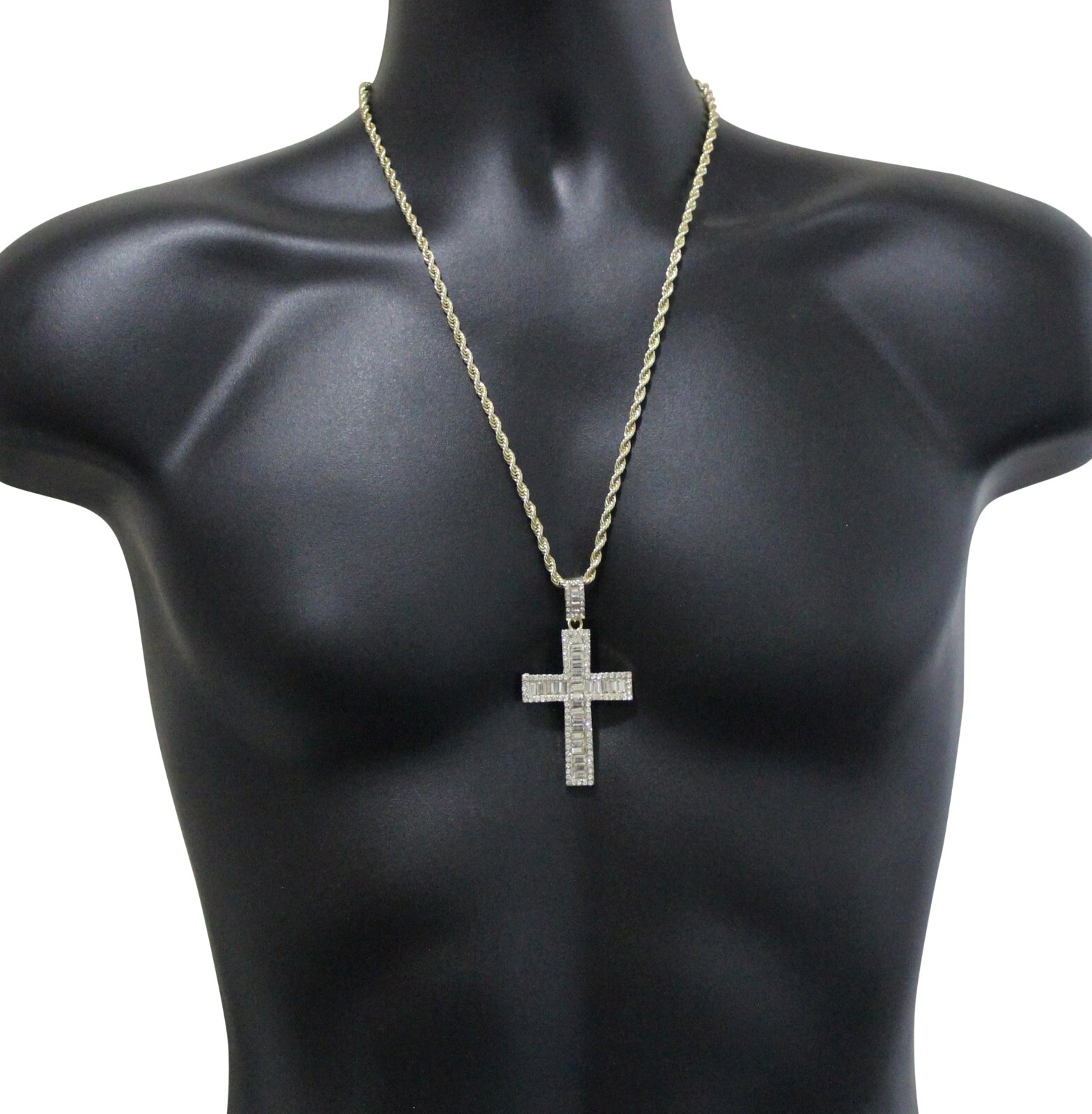 Iced Cross Pendant With 5MM Rope Chain Necklace Mens Hip Hop Plated CZ Jewelry E