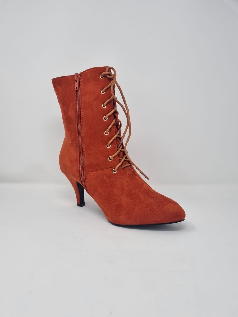New Womens Ladies Burnt Orange Ankle Zip Mid Heel Heels Boots Size