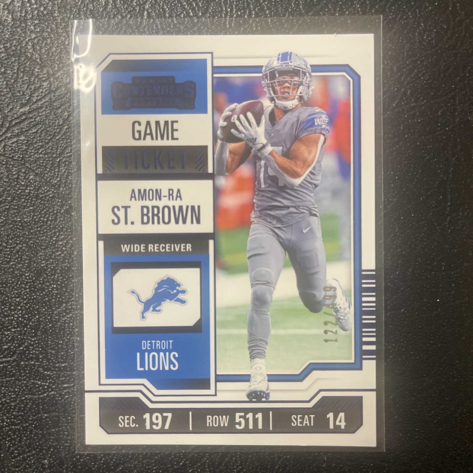 2023 Contenders Football Amon-Ra St. Brown Game Ticket Blue Foil. 122/499