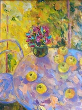Original oil painting, Still life,   apple,  flowers 11.02х12.59in