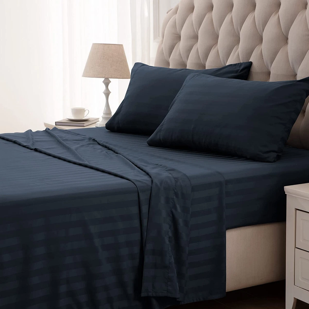 Striped Cooling Sheets Set King Size Fitted Flat Sheet