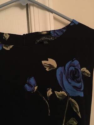 black dress with blue roses Late 1950s Early 1960s Black Cotton with Blue Roses Dress