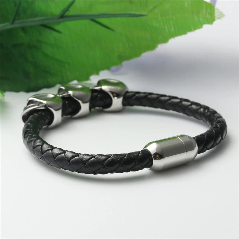 Pulsera de cuero calavera negra punk motociclista de acero inoxidable de 8 pulgadas para hombre Foto 2 de 4