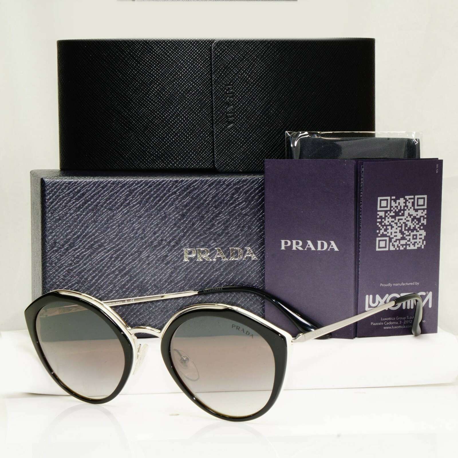 Prada Black Silver Gradient Smoke Mirror Sunglasses SPR 18U 4BK-5O0