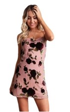 Fashion Nova Womens Slip Dress Pink Floral Velvet Roses Valentines Coquette Sz M