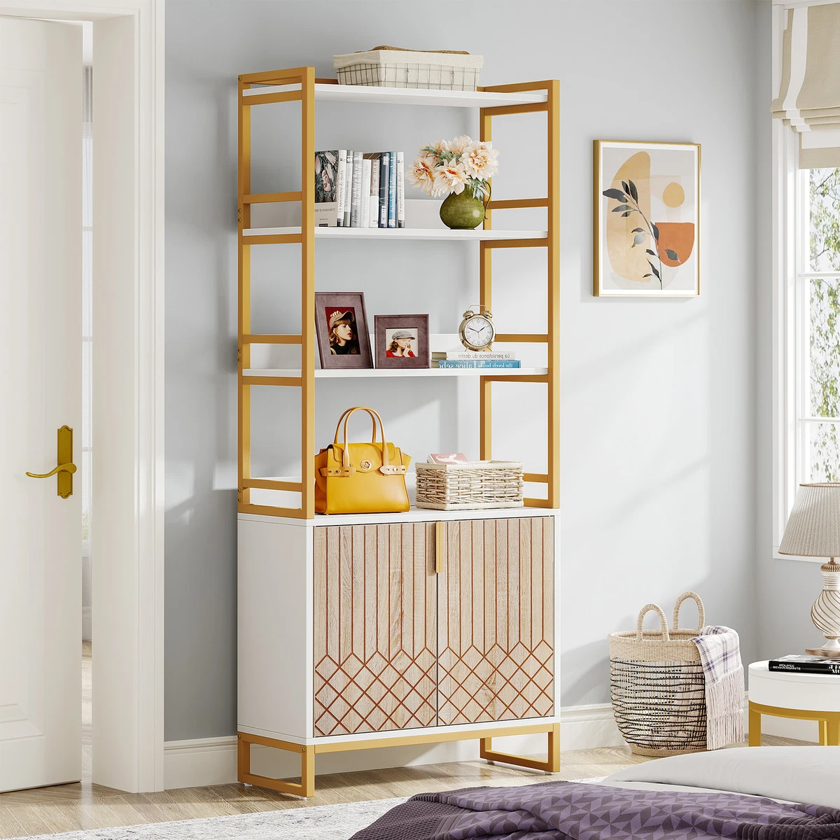 Gold and 2024 wood bookcase