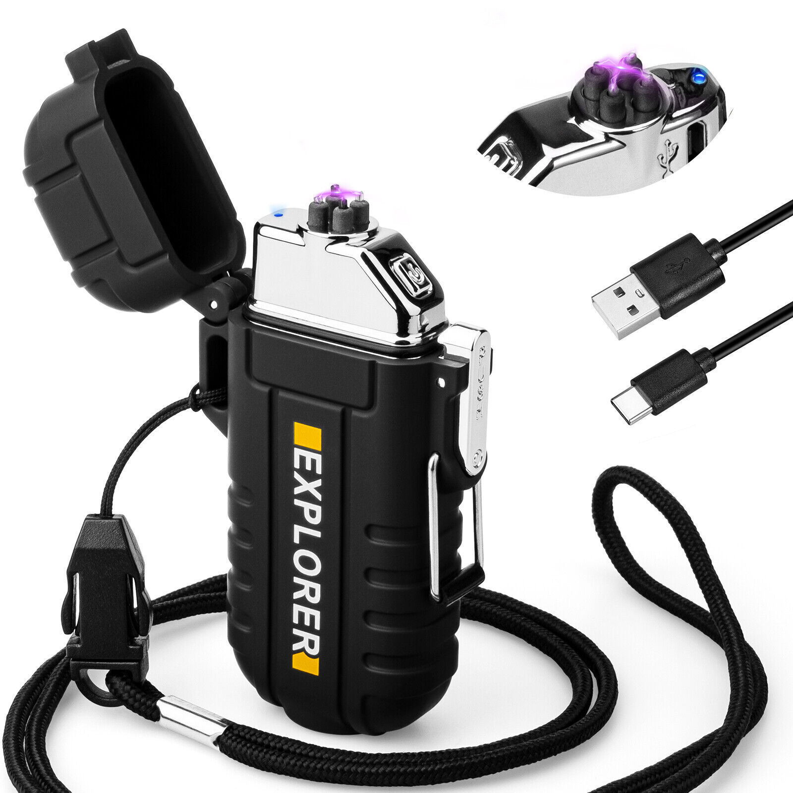Waterproof Arc Lighter, Outdoor Dual Plasma Lighter, USB Rechargeable Flameless 