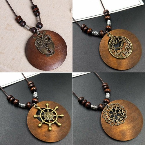 Retro Boho Ethno langer Anhänger Pullover Halskette Holz Perlen Damen Schmuck Geschenk - Bild 4 von 22