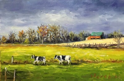 #ad Original oil painting.Farm animals.Rustic landscape with cows and fields. Rural $70.00