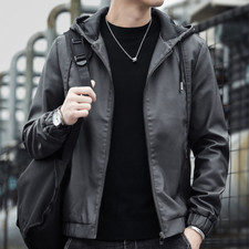 Men Leather Jacket Slim Fit Hooded PU Biker Coat Zipper Pockets Casual Tops Cool