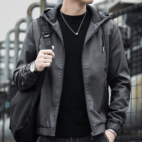 Men Leather Jacket Slim Fit Hooded PU Biker Coat Zipper Pockets Casual Tops