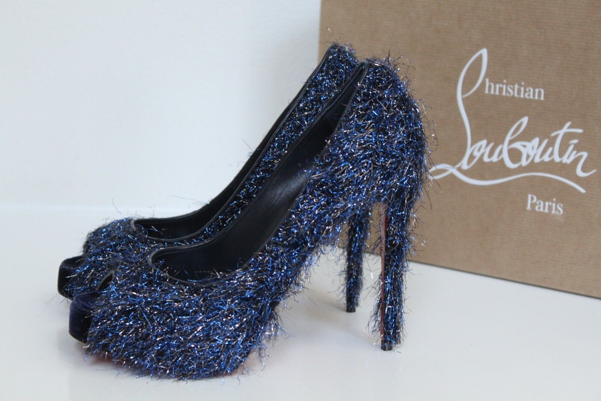 36 Christian Louboutin Very Prive 120 Peep Toe Blue Glitter