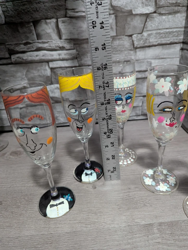 Conjunto Lote de 5 Flautas Arte Pintado a Mano 7.25" Vidrio Champagne Boda Gente Larry Foto 2 de 4