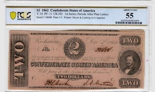 1862 Confederate $2 Note Criswell T 54 1st Series PCGS ABOUT UNC 55