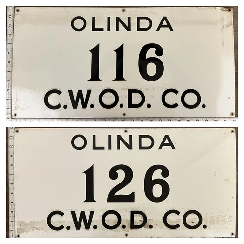 Vintage Porcelain Oil Field Sigs (2) - C.W.O.&D. Co. Olinda 116 / 126