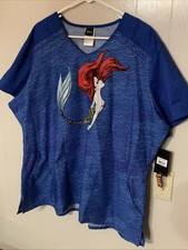 Womens Disney Cherokee Tooniforms Little Mermaid Blue Scrub Top Size 3X
