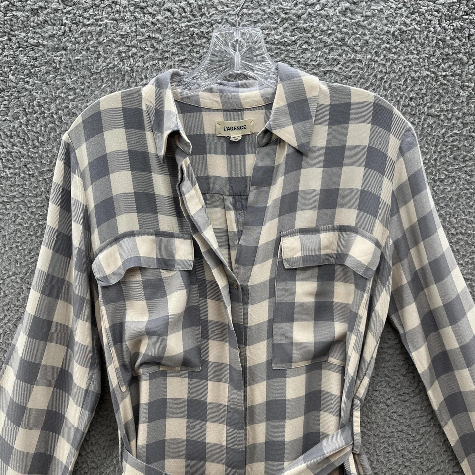 LAGENCE Dress XS Gray Cream Plaid Belted Shirt Dress Long Sleeve Tunic - Image 2 of 4