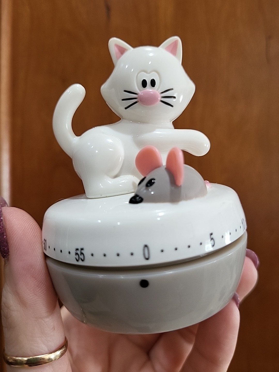 ADORABLE JOIE MEOW CAT & MOUSE 60 MINUTE KITCHEN TIMER Cute Kitsch Pink White 3"