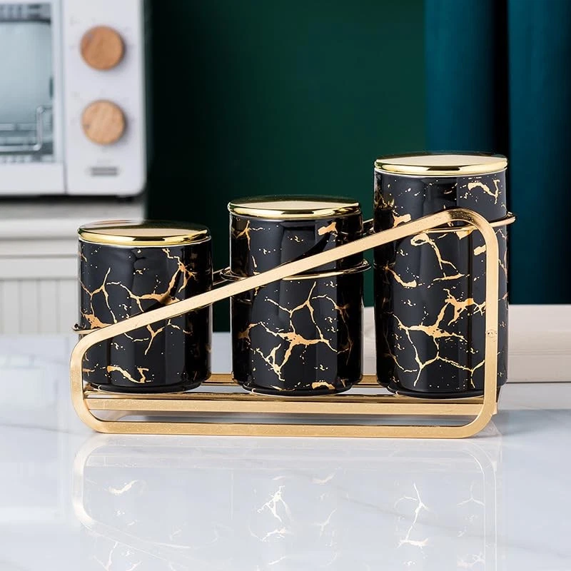 Ceramic Gold-Patterned Metal Canister Set for Kitchen Countertop - A Set of 3...