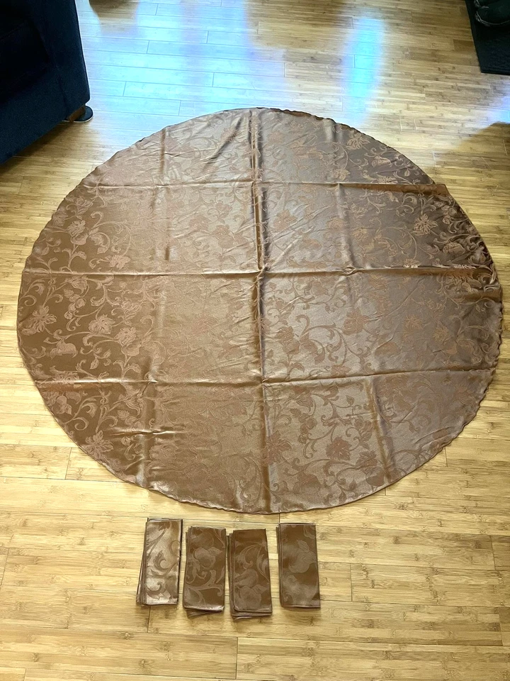 Brown Damask Tablecloth Set 70" Round Table Cover 4 Napkins Elegant Floral Decor - Image 4 of 4