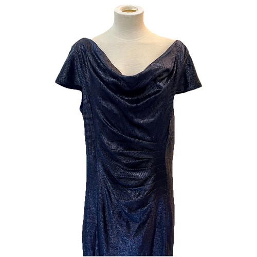 Adrianna Pappel 12 Long Gown Navy Metallic Cap Sleeve Cowl Gathered Stretch - Picture 2 of 17