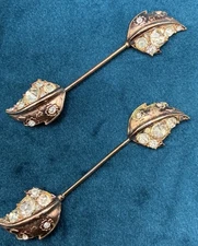 Vintage Pair Hat Pins Rose Gold Tone Rhinestone Leaf 30s 40s 2 3/4"