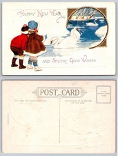 Happy New Year Postcard Children Swans Winter Embossed Made in USA Antique