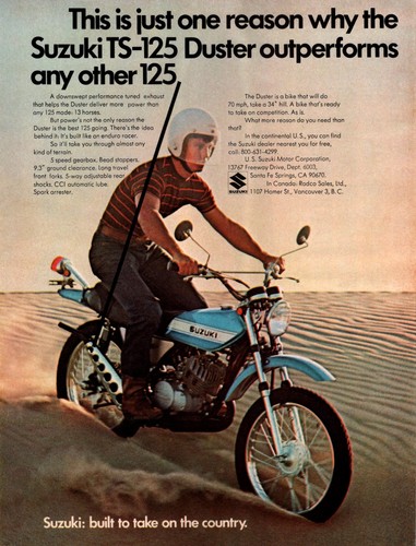 1971 Suzuki TS-125 Duster Motorcycle Vintage Print Ad