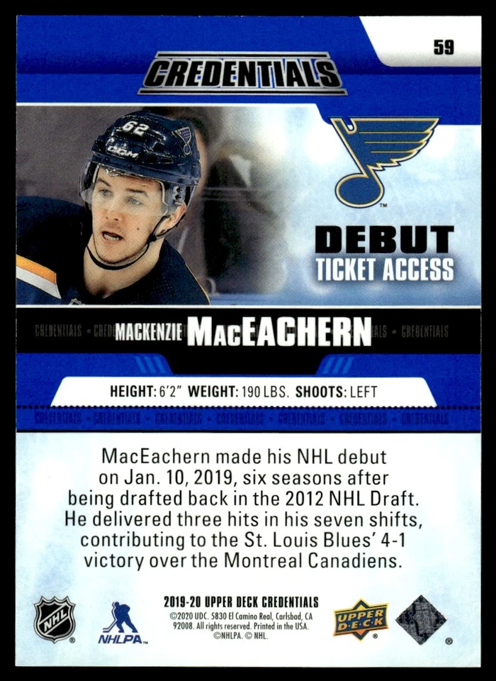 2019-20 Upper Deck Credentials Mackenzie MacEachern 286/999 St. Louis Blues #59 - Image 2 of 2
