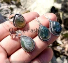 Moss Agate Gemstone 925 Sterling Silver Plated Pendant Earings Rings Set Jewelry
