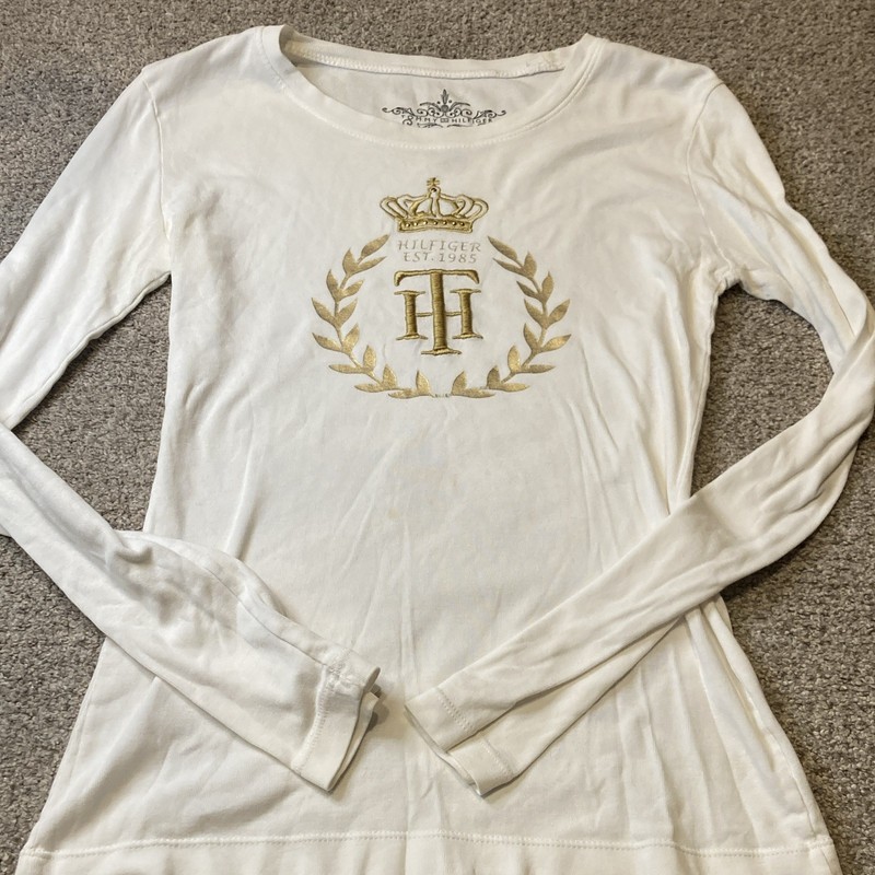 Tommy Hilfiger Women's XS White Long Sleeve Embroidered Logo Crew Neck Tee