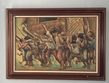 LARGE FILIPINO PAINTING FAMILY FARMING CULTURE 44”x 32” MYSTERY SIGNED