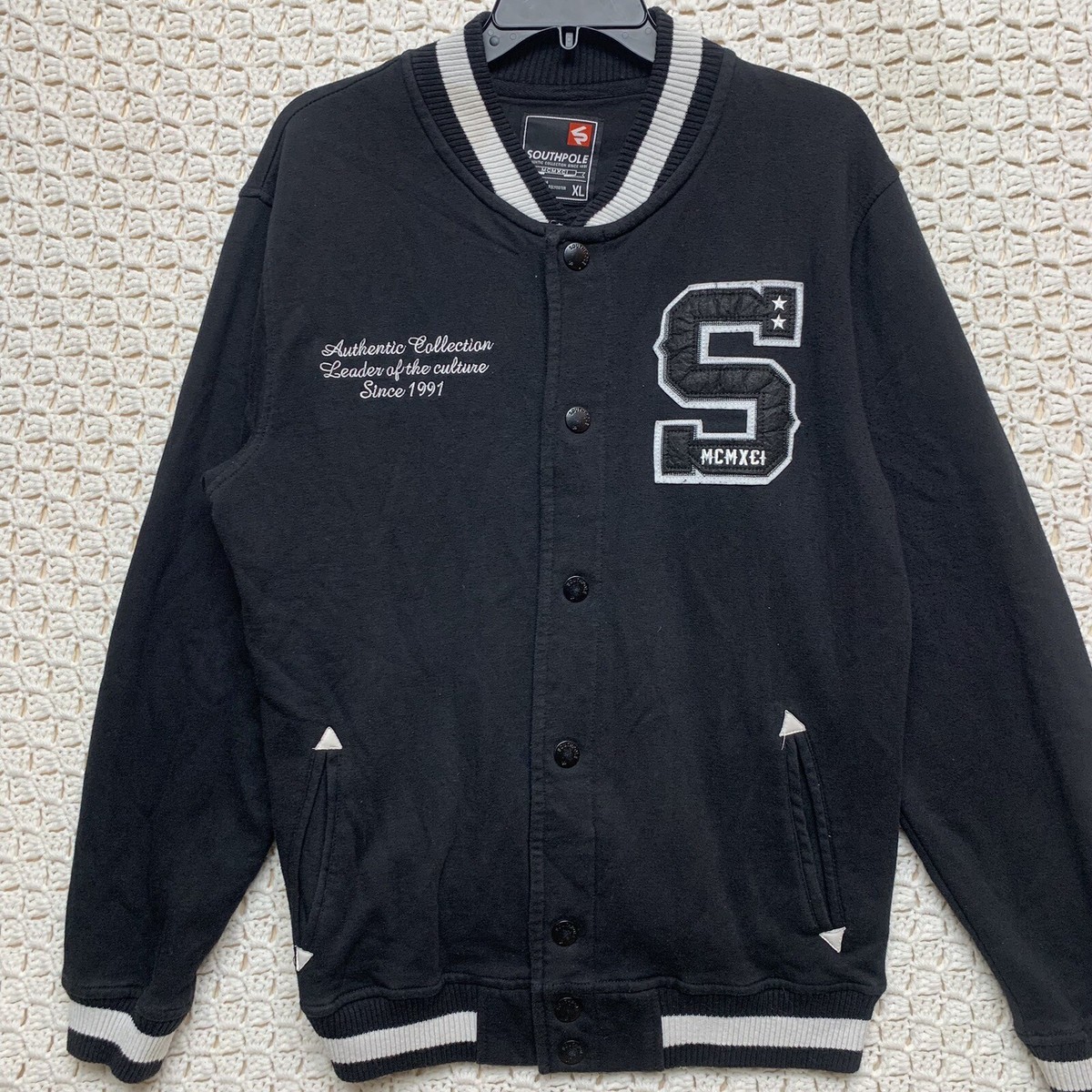 South Pole Mens XL Varsity Snap Jacket Black Gray Coat Retro Hip