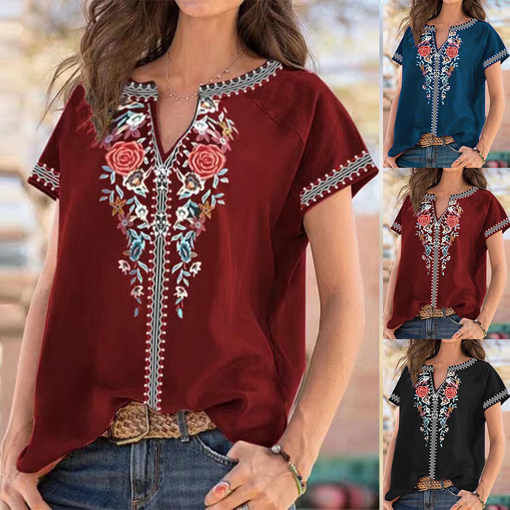 Womens Boho Floral V Neck Tops T-shirt Ladies Summer Holiday Casual Baggy  Blouse | eBay