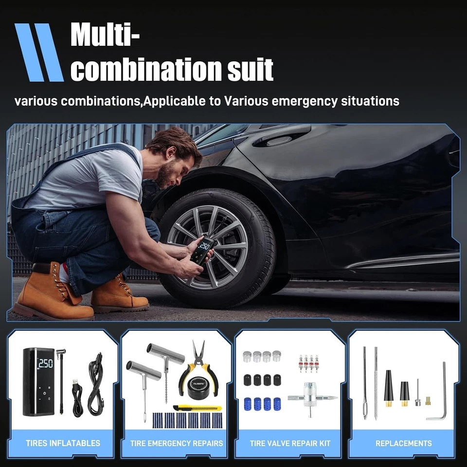64PCS Tire Repair Kit w/ 120PSI Air Compressor – Car & Motorcycle Emergency Tool - Image 3 of 4