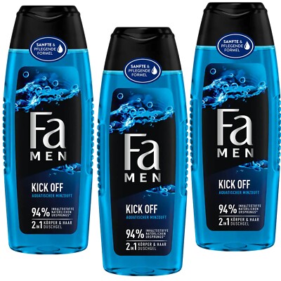 3X 250Ml Fa Men Kick Off Shower Gel Water Mint Body & Hair Mint Scent